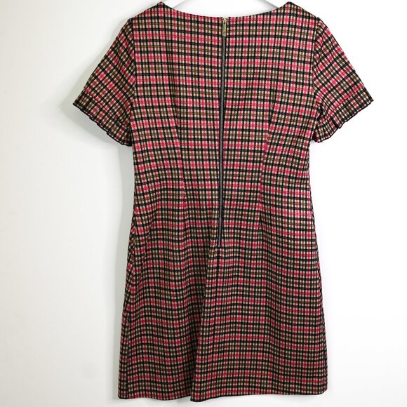 TOMMY HILFIGER Red Tan Olive Green Black Plaid Houndstooth Shift Dress - Size 4 - Picture 7 of 14